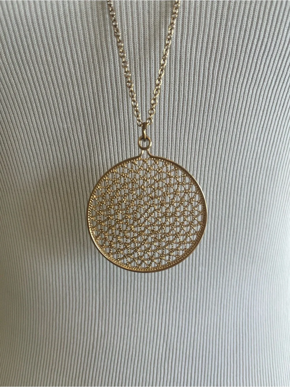 Long Pendant Necklace with Textured Round Medallion - Gold
